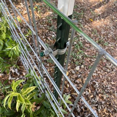 Close up of One Man Fencing Livestock Panel Connector holding a cattle panel to a t-post.